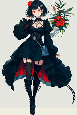 1girl, solo, breasts, looking at viewer, short hair, bangs, simple background, black hair, hair ornament, red eyes, thighhighs, long sleeves, white background, dress, bow, cleavage, jewelry, closed mouth, standing, full body, flower, hair bow, earrings, boots, frills, belt, hair flower, blunt bangs, bag, black footwear, black dress, sleeves past wrists, book, black bow, chain, knee boots, cross, brooch, gem, fishnets, corset, cross-laced footwear, sleeves past fingers, lolita fashion, handbag, gothic lolita, lace-up boots, key, fishnet thighhighs, pocket watch, gothic