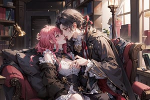 8k, middle world clothing, library, Rococo style, sweet, romance,midjourney, kissing