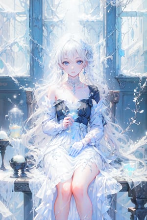 A young girl sits alone, her long white hair cascading down her back like a river of snow. Her bright blue eyes sparkle as she gazes directly at the viewer, a gentle blush rising to her cheeks. A delicate hair ornament adorns her locks, which fall between her eyes in soft waves. She wears black gloves and long sleeves under her flowing white dress, cinched at the collarbone by a silver chain. A black choker with a small cross pendant glimmers around her neck. Her feet are lost outside of frame, but her hands cradle a spoon as if she's savoring a secret treat.