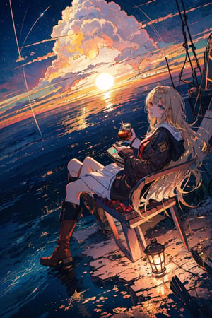 1girl, solo, long hair, blonde hair, sitting, boots, sky, cloud, star \(sky\), scenery, reflection, sunset, planet, globe