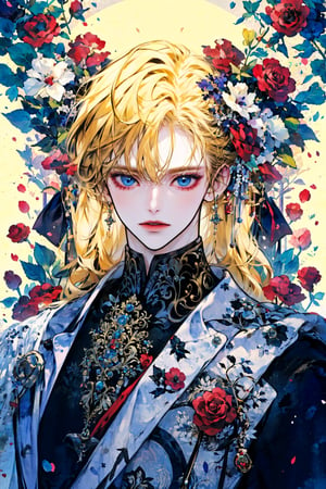 solo, looking at viewer, short hair, bangs, blue eyes, blonde hair, shirt, hair ornament, long sleeves, 1boy, holding, hair between eyes, jewelry, upper body, flower, male focus, hair flower, necklace, petals, black shirt, rose, white flower, red flower, red rose, holding flower, candle, bishounen
