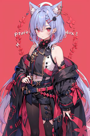 a anime character with blue hair and a black top with a cross on it's chest and a red background, Cosmo Alexander, official art, a character portrait, rococo. ahoge, bangs, bare_shoulders, blue_hair, ear_piercing, earrings, eyebrows_visible_through_hair, jewelry, looking_at_viewer, male_focus, multicolored_hair, piercing, pink_hair, red_background, see-through, sleeveless, solo, star_earrings.