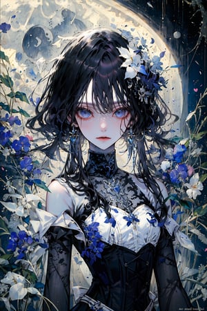 1girl, solo, long hair, black hair, dress, bare shoulders, sexy eyes, flower, heart, water, profile, floating hair, watermark, moon, corset, waves, white eyelashes,