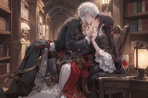 8k, middle world clothing, library, Rococo style, sweet, romance,midjourney, kissing