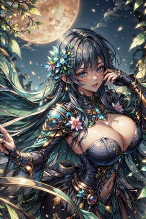 8k, (absurdres, highres, ultra detailed), (1lady), Big boobs:1.2, curvy, sexy, ((best quality)), ((masterpiece)) Moon, Luna, Goddess, Flower,shennongshi,DonMF41ryW1ng5=, blue theme, portrait