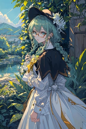 A whimsical maiden stands solo against a lush outdoor backdrop, her piercing green and blue eyes meeting the viewer's gaze. Her golden locks cascade down her back, with twin braids framing her face. A delicate flower adorns one of these braids, matching the subtle green hue of her dress. The garment itself is a flowing, floor-length masterpiece, cinched at the waist by a white ascot. A hat and capelet complement her look, as does a brooch resting on her chest. Her parted lips are painted with subtle color, and her glasses add a touch of sophistication. Amidst this verdant scenery, she holds a delicate braid in one hand, her long sleeves billowing in the gentle breeze.