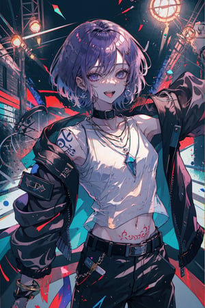 solo, looking at viewer, smile, short hair, open mouth, shirt, 1boy, navel, holding, jewelry, nipples, jacket, purple hair, male focus, cowboy shot, earrings, open clothes, teeth, tongue, belt, pants, necklace, off shoulder, collar, bracelet, black jacket, see-through, open shirt, tattoo, black pants, abs, pectorals, bare pectorals, stage, stage lights,portrait,fujimotostyle,Monochromatic,2d_artwork