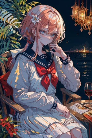 In a breathtaking masterpiece, a petite teenage girl with wine red hair and low twintails, tied with a yellow hair tie, sits elegantly in a sailor suit adorned with an ivory dress, red ribbon, and long sleeves. Her eyes sparkle like big dreams, filled with perfect fingers grasping a flower. Her face is a work of art, with vibrant eyes and a shy blush. The dynamic pose showcases her delicate features, with intricate details on the ivory skirt and sailor suit. The lighting is exquisite, with lens flares adding depth to the ultra-detailed UHD image.