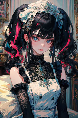 1girl, solo, long hair, breasts, looking at viewer, bangs, black hair, gloves, animal ears, bare shoulders, twintails, jewelry, closed mouth, upper body, multicolored hair, earrings, detached sleeves, black gloves, elbow gloves, indoors, lips, fur trim, maid headdress, on bed