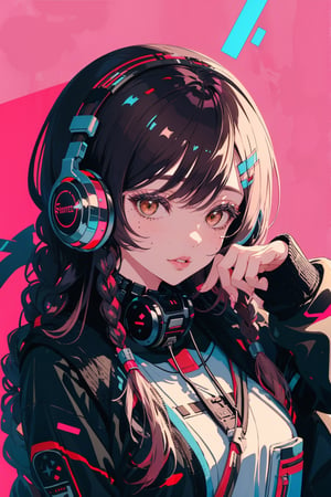 1girl, solo, long hair, looking at viewer, black pink hair, brown eyes, braid, parted lips, mole, twin braids, lips, headphones, pink background, portrait, science fiction, cable, cyberpunk