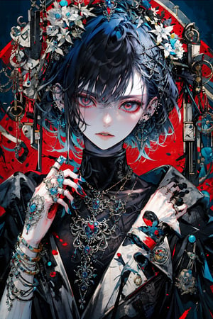 1girl, solo, looking at viewer, short hair, jewelry, blue hair, earrings, parted lips, hand up, necklace, nail polish, fingernails, black shirt, mask, piercing, ring, ear piercing, red background, smoke, blue nails, multicolored eyes, multiple rings