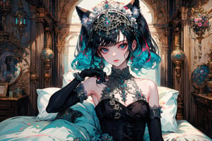 1girl, solo, long hair, breasts, looking at viewer, bangs, black hair, gloves, animal ears, bare shoulders, twintails, jewelry, closed mouth, upper body, multicolored hair, earrings, detached sleeves, black gloves, elbow gloves, indoors, lips, fur trim, maid headdress, on bed