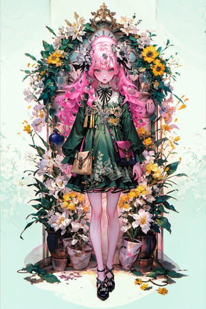 1girl, solo, long wave hair, looking at viewer, blush, simple background, pink hair, long sleeves, white background, dress, ribbon, jewelry, clock, standing, full body, hair ribbon, flower, earrings, shoes, bag, black footwear, black ribbon, leaf, wavy hair, floral print, bottle, plant, white flower, green dress, handbag, shoulder bag, yellow flower, green ribbon, collared dress, grey dress, vase, jar, perfume bottle