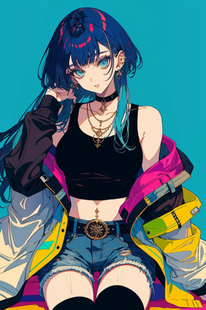1girl, solo, long hair, breasts, looking at viewer, bangs, blue eyes, black hair, thighhighs, long sleeves, jewelry, sitting, closed mouth, blue hair, jacket, multicolored hair, earrings, open clothes, shorts, choker, midriff, belt, black thighhighs, blunt bangs, necklace, off shoulder, two-tone hair, open jacket, lips, crop top, head tilt, torn clothes, aqua hair, tattoo, makeup, blue background, piercing, tank top, denim, yellow jacket,portrait
