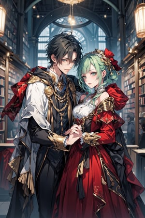 8k, (male_green_eyes), middle world clothing, library, Rococo style, sweet, romance,midjourney