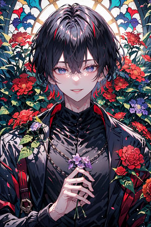 solo, looking at viewer, smile, short hair, bangs, blue eyes, shirt, black hair, long sleeves, 1boy, holding, hair between eyes, jacket, upper body, flower, male focus, parted lips, open clothes, open jacket, black shirt, red jacket, pink flower, purple flower, stained glass,masterpiece