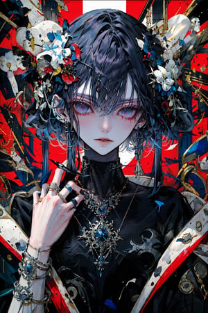 1girl, solo, looking at viewer, short hair, jewelry, blue hair, earrings, parted lips, hand up, necklace, nail polish, fingernails, black shirt, mask, piercing, ring, ear piercing, red background, smoke, blue nails, multicolored eyes, multiple rings