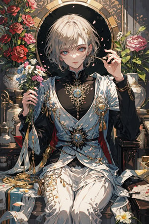 In a stunning analog watercolor painting, a breathtakingly beautiful male sits amidst a whimsical apothecary setting, his brown satchel overflowing with vibrant wildflowers. He wears long sleeves and holds a majestic blue rose, his smile radiating warmth as he gazes down at the bouquet. The artist's masterful brushstrokes bring forth intricate details, from the gentle curves of his face to the delicate petals of the flowers. Soft focus blurs the background, while sharp contrast highlights the subject's features, set against a warm brown theme that echoes the richness of the satchel.