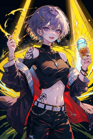 solo, looking at viewer, smile, short hair, open mouth, shirt, 1boy, navel, holding, jewelry, nipples, jacket, purple hair, male focus, cowboy shot, earrings, open clothes, teeth, tongue, belt, pants, necklace, off shoulder, collar, bracelet, black jacket, see-through, open shirt, tattoo, black pants, abs, pectorals, bare pectorals, stage, stage lights