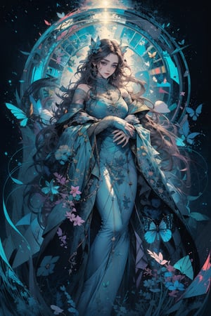 8k, (absurdres, highres, ultra detailed),1LADY. light blue butterfly (transparent, luminous), different world letters, pastel colors, fantasy world, Art Nouveau, Alphonse Mucha