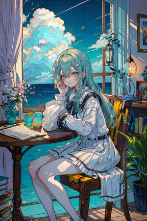 1girl, solo, long hair, looking at viewer, bangs, blue eyes, shirt, hair ornament, long sleeves, holding, hair between eyes, sitting, very long hair, white shirt, frills, parted lips, green hair, sky, day, cloud, indoors, bag, tree, book, window, aqua hair, chair, table, curtains, frilled sleeves, bookshelf, jar, flask, globe,portrait