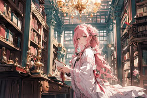 8k, (male_green_eyes) (pink girl), middle world clothing, Rococo style, sweet, romance,midjourney, library,