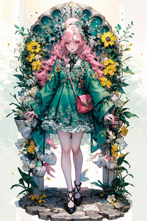 1girl, solo, long wave hair, curvy, looking at viewer, blush, simple background, pink hair, long sleeves, white background, dress, ribbon, jewelry, clock, standing, full body, hair ribbon, flower, earrings, shoes, bag, black footwear, black ribbon, leaf, wavy hair, floral print, bottle, plant, white flower, blue dress, handbag, shoulder bag, yellow flower, green ribbon, collared dress, grey dress, vase, jar, perfume bottle