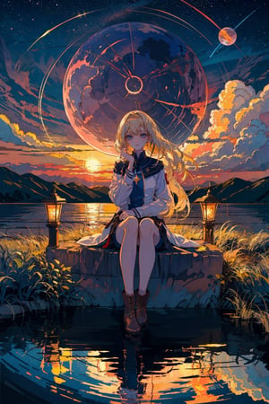 1girl, solo, long hair, blonde hair, sitting, boots, sky, cloud, star \(sky\), scenery, reflection, sunset, planet, globe