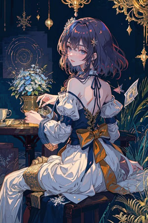 In a mesmerizing isometric portrait, 1GIRL sits amidst a whimsical, Art Nouveau-inspired backdrop of intricate snowflakes and fractal patterns. Her long, wavy hair cascades down her back like a golden waterfall. The room is bathed in soft, black candlelight, with hints of purple that dance across the walls. A tarot card lies open on a nearby pedestal, its vibrant colors echoing the beauty surrounding 1GIRL. This masterpiece showcases meticulous attention to detail, capturing the essence of 'cute' in a truly stunning work of art.