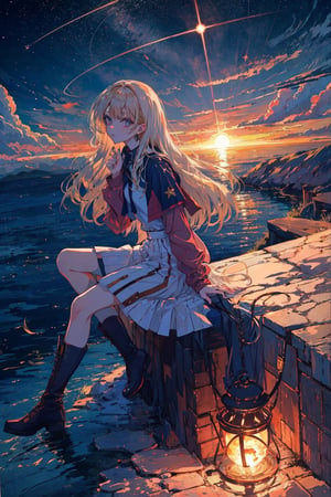 1girl, solo, long hair, blonde hair, sitting, boots, sky, cloud, star \(sky\), scenery, reflection, sunset, planet, globe