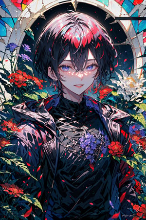 solo, looking at viewer, smile, short hair, bangs, blue eyes, shirt, black hair, long sleeves, 1boy, holding, hair between eyes, jacket, upper body, flower, male focus, parted lips, open clothes, open jacket, black shirt, red jacket, pink flower, purple flower, stained glass