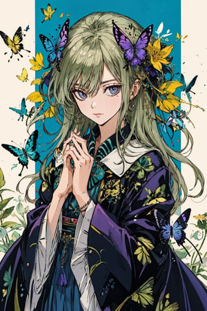 8k, (absurdres, highres, ultra detailed), a woman with long hair holding a crystal ball in her hands and surrounded by butterflies and butterflies around her, Anna Dittmann, anime art, a detailed painting, gothic art, animal, bee, beetle, bird, blue_butterfly, blue_dress, bug, butterfly, butterfly_hair_ornament, butterfly_on_hand, butterfly_print, butterfly_wings, crystal, dragonfly, dress, fairy, glowing_butterfly, hair_between_eyes, hair_ornament, kashiwazaki_sena, leaf, long_hair, long_sleeves, looking_at_animal, looking_at_viewer, origami, own_hands_together, paper_crane, solo, white_butterfly, yellow_butterfly