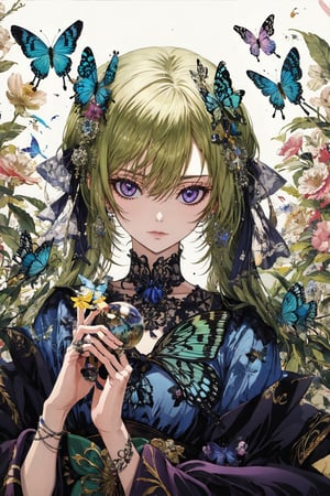 8k, (absurdres, highres, ultra detailed), a woman with long hair holding a crystal ball in her hands and surrounded by butterflies and butterflies around her, Anna Dittmann, anime art, a detailed painting, gothic art, animal, bee, beetle, bird, blue_butterfly, blue_dress, bug, butterfly, butterfly_hair_ornament, butterfly_on_hand, butterfly_print, butterfly_wings, crystal, dragonfly, dress, fairy, glowing_butterfly, hair_between_eyes, hair_ornament, kashiwazaki_sena, leaf, long_hair, long_sleeves, looking_at_animal, looking_at_viewer, origami, own_hands_together, paper_crane, solo, white_butterfly, yellow_butterfly