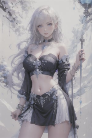 1girl, solo, long hair, breasts, looking at viewer, bangs, blue eyes, skirt, large breasts, navel, holding, cleavage, bare shoulders, jewelry, very long hair, standing, purple eyes, white hair, thighs, cowboy shot, earrings, detached sleeves, choker, midriff, miniskirt, huge breasts, bracelet, crop top, strapless, staff, holding staff