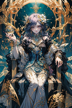 A majestic masterpiece of official art, capturing the essence of '1GIRL' with long wave hair that flows like a golden waterfall. Her features are as delicate as snowflakes, set against a detailed, isometric background reminiscent of Art Nouveau's ornate patterns. The scene is bathed in a warm, black-golden-purple light, evoking the mystical aura of tarot cards. In this stunning illustration, our subject sits poised, her gaze captivating and mysterious, as if conjuring forth secrets from the very fabric of the intricate design that surrounds her.