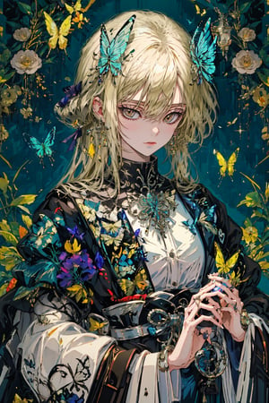 8k, (absurdres, highres, ultra detailed), a woman with long hair holding a crystal ball in her hands and surrounded by butterflies and butterflies around her, Anna Dittmann, anime art, a detailed painting, gothic art, animal, bee, beetle, bird, blue_butterfly, blue_dress, bug, butterfly, butterfly_hair_ornament, butterfly_on_hand, butterfly_print, butterfly_wings, crystal, dragonfly, dress, fairy, glowing_butterfly, hair_between_eyes, hair_ornament, kashiwazaki_sena, leaf, long_hair, long_sleeves, looking_at_animal, looking_at_viewer, origami, own_hands_together, paper_crane, solo, white_butterfly, yellow_butterfly