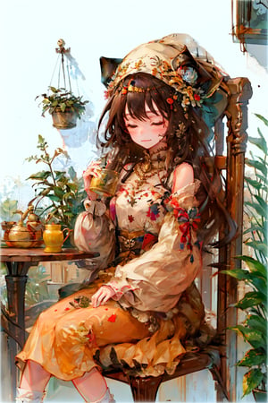1girl, solo, long hair, blush, smile, brown hair, hair ornament, long sleeves, hat, dress, holding, sitting, closed mouth, closed eyes, flower, food, socks, indoors, cup, fruit, bird, chair, brown footwear, table, plant, brown headwear, basket, potted plant, brown dress, teapot, jar, watering can