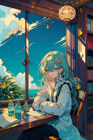 1girl, solo, long hair, looking at viewer, bangs, blue eyes, shirt, hair ornament, long sleeves, holding, hair between eyes, sitting, very long hair, white shirt, frills, parted lips, green hair, sky, day, cloud, indoors, bag, tree, book, window, aqua hair, chair, table, curtains, frilled sleeves, bookshelf, jar, flask, globe