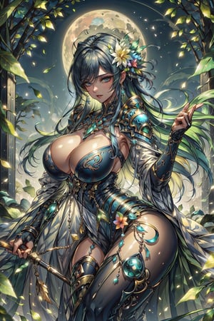 8k, (absurdres, highres, ultra detailed), (1lady), Big boobs:1.2, curvy, sexy, ((best quality)), ((masterpiece)) Moon, Luna, Goddess, Flower,shennongshi,DonMF41ryW1ng5=, blue theme.