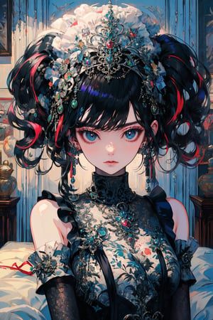 1girl, solo, long hair, breasts, looking at viewer, bangs, black hair, gloves, animal ears, bare shoulders, twintails, jewelry, closed mouth, upper body, multicolored hair, earrings, detached sleeves, black gloves, elbow gloves, indoors, lips, fur trim, maid headdress, on bed