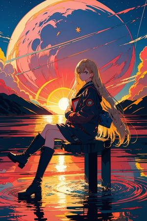 1girl, solo, long hair, blonde hair, sitting, boots, sky, cloud, star \(sky\), scenery, reflection, sunset, planet, globe