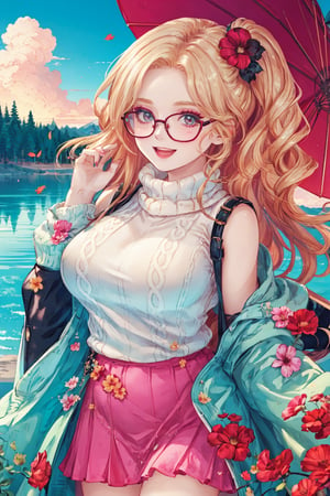 8k, (absurdres, highres, ultra detailed), (1lady:1.3), (((blond_green_long_hair))), ultra resolution image, kawaii, mystery, aesthetic:1.2, colorful, dynamic angle, highest detailed face), big glasses, black rimmed glasses, happy smile, (wearing a pink oversized_sweater:1.2), pleated skirt, sunset, fall colors, beautiful trees, nature, flowers, windy, hair flowing in the wind, sun shinning through hair, high contrast, (official art, extreme detailed, highest detailed, natural skin texture, hyperrealism, soft light, sharp, perfect face), golden dawn, :d, Big boobs1:3. (((Smoky makeup))), curvy, ,midjourney