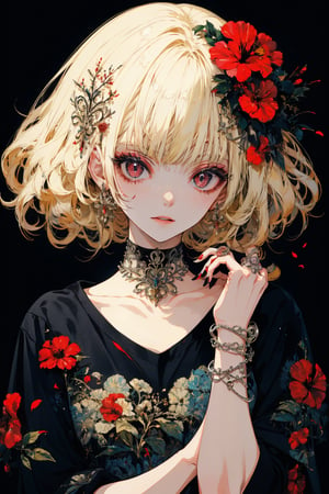 1girl, solo, looking at viewer, bangs, blonde hair, shirt, hair ornament, red eyes, jewelry, collarbone, upper body, flower, parted lips, choker, hair flower, blunt bangs, nail polish, lips, fingernails, head tilt, black shirt, eyelashes, blood, makeup, black choker, ring, red flower, t-shirt, black nails, clothes writing, red background, blood on face, hibiscus,portrait