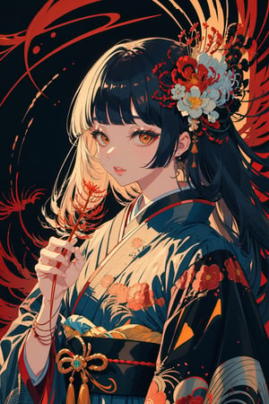 1girl, solo, long hair, looking at viewer, bangs, black hair, holding, brown eyes, upper body, flower, parted lips, japanese clothes, blunt bangs, kimono, lips, eyelashes, red flower, portrait, holding flower, spider lily