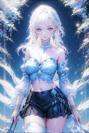 1girl, solo, long hair, breasts, looking at viewer, bangs, blue eyes, skirt, large breasts, navel, holding, cleavage, bare shoulders, jewelry, very long hair, standing, purple eyes, white hair, thighs, cowboy shot, earrings, detached sleeves, choker, midriff, miniskirt, huge breasts, bracelet, crop top, strapless, staff, holding staff