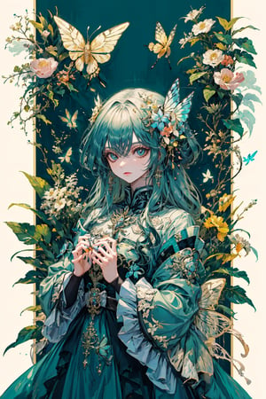 8k, (absurdres, highres, ultra detailed), a woman with long hair holding a crystal ball in her hands and surrounded by butterflies and butterflies around her, Anna Dittmann, anime art, a detailed painting, gothic art, animal, bee, beetle, bird, blue_butterfly, blue_dress, bug, butterfly, butterfly_hair_ornament, butterfly_on_hand, butterfly_print, butterfly_wings, crystal, dragonfly, dress, fairy, glowing_butterfly, hair_between_eyes, hair_ornament, kashiwazaki_sena, leaf, long_hair, long_sleeves, looking_at_animal, looking_at_viewer, origami, own_hands_together, paper_crane, solo, white_butterfly, yellow_butterfly