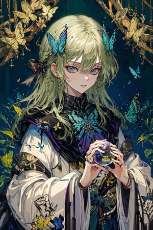 8k, (absurdres, highres, ultra detailed), a woman with long hair holding a crystal ball in her hands and surrounded by butterflies and butterflies around her, Anna Dittmann, anime art, a detailed painting, gothic art, animal, bee, beetle, bird, blue_butterfly, blue_dress, bug, butterfly, butterfly_hair_ornament, butterfly_on_hand, butterfly_print, butterfly_wings, crystal, dragonfly, dress, fairy, glowing_butterfly, hair_between_eyes, hair_ornament, kashiwazaki_sena, leaf, long_hair, long_sleeves, looking_at_animal, looking_at_viewer, origami, own_hands_together, paper_crane, solo, white_butterfly, yellow_butterfly