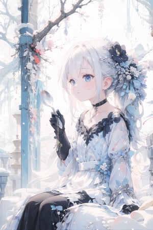 A young girl sits alone, her long white hair cascading down her back like a river of snow. Her bright blue eyes sparkle as she gazes directly at the viewer, a gentle blush rising to her cheeks. A delicate hair ornament adorns her locks, which fall between her eyes in soft waves. She wears black gloves and long sleeves under her flowing white dress, cinched at the collarbone by a silver chain. A black choker with a small cross pendant glimmers around her neck. Her feet are lost outside of frame, but her hands cradle a spoon as if she's savoring a secret treat.