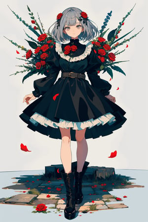 1girl, solo, looking at viewer, bangs, simple background, hair ornament, long sleeves, white background, dress, holding, closed mouth, standing, full body, flower, grey hair, boots, frills, puffy sleeves, belt, black footwear, black dress, grey eyes, petals, rose, frilled dress, red flower, red rose, bouquet, joints, grey dress, mechanical arms