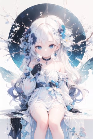 A young girl sits alone, her long white hair cascading down her back like a river of snow. Her bright blue eyes sparkle as she gazes directly at the viewer, a gentle blush rising to her cheeks. A delicate hair ornament adorns her locks, which fall between her eyes in soft waves. She wears black gloves and long sleeves under her flowing white dress, cinched at the collarbone by a silver chain. A black choker with a small cross pendant glimmers around her neck. Her feet are lost outside of frame, but her hands cradle a spoon as if she's savoring a secret treat.